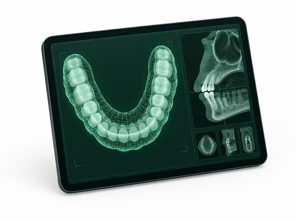 Illustration of a digital 3D dental scan and CBCT jaw view on a screen