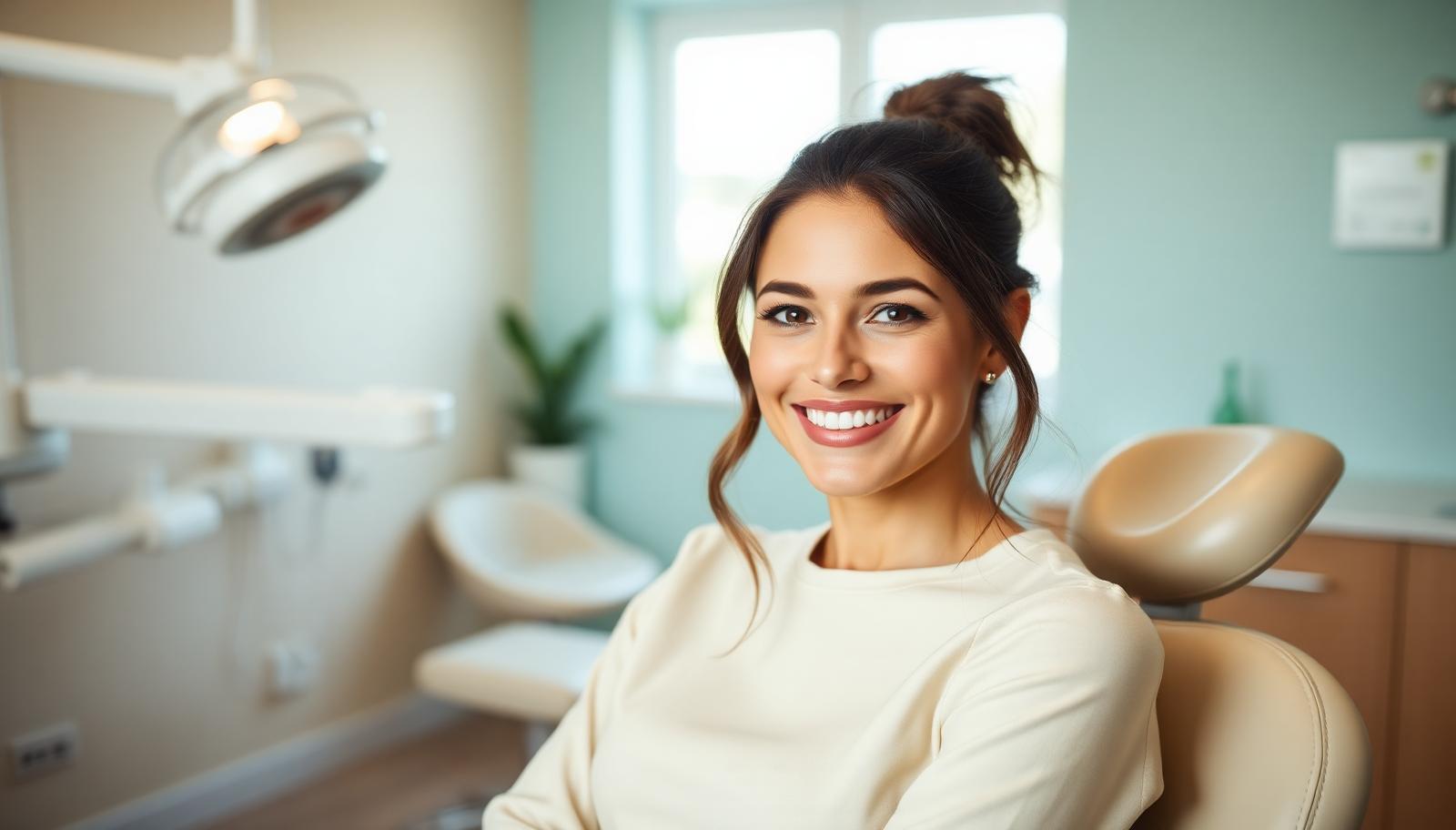 Woman smiling with natural-looking porcelain veneers in a modern dental clinic in Tirana, Albania