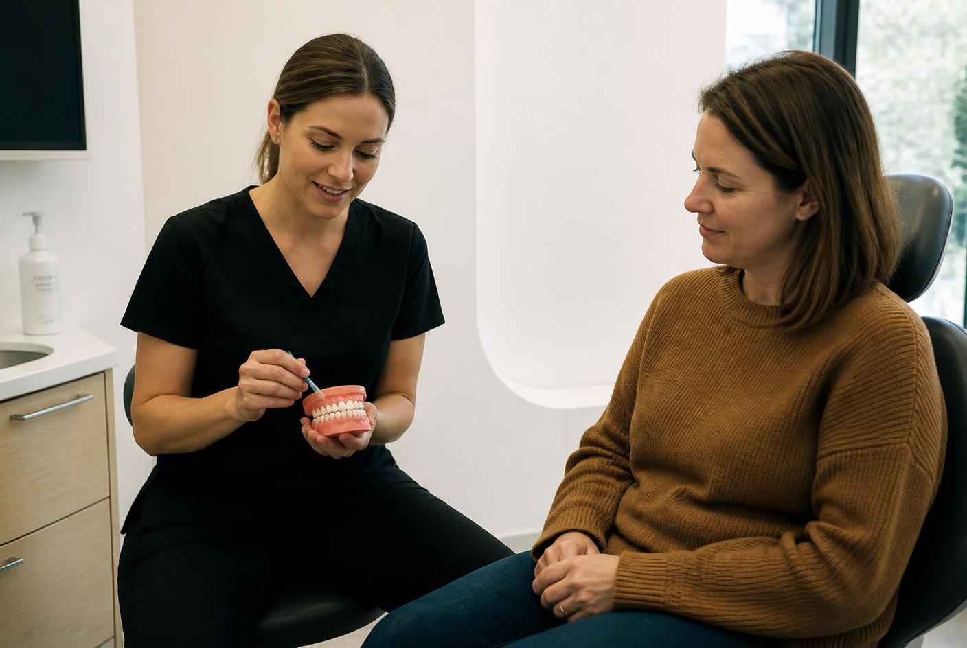 Hygienist showing a patient how to clean around their new restorations