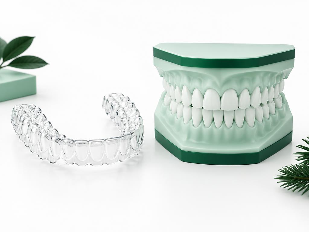Illustration of a clear retainer beside aligned teeth