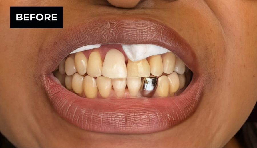 Before treatment, Old metal crown swapped for a natural ceramic one, Dental Oasis Tirana
