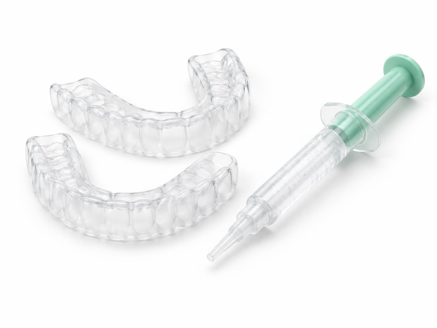 Illustration of clear custom whitening trays beside a gel syringe