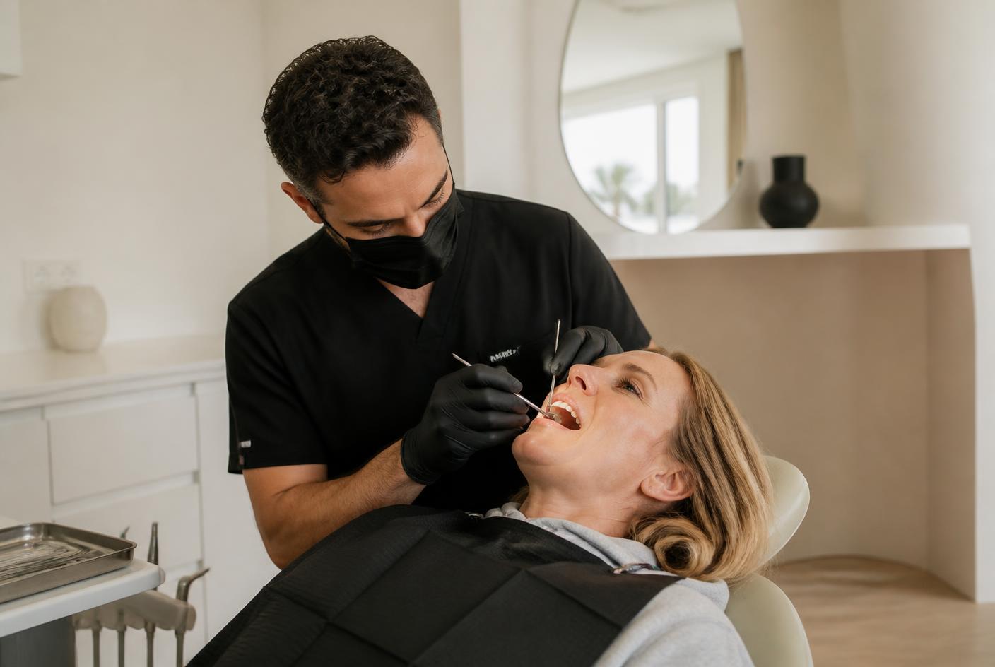Dentist examining a patient with digital X-rays displayed on screen