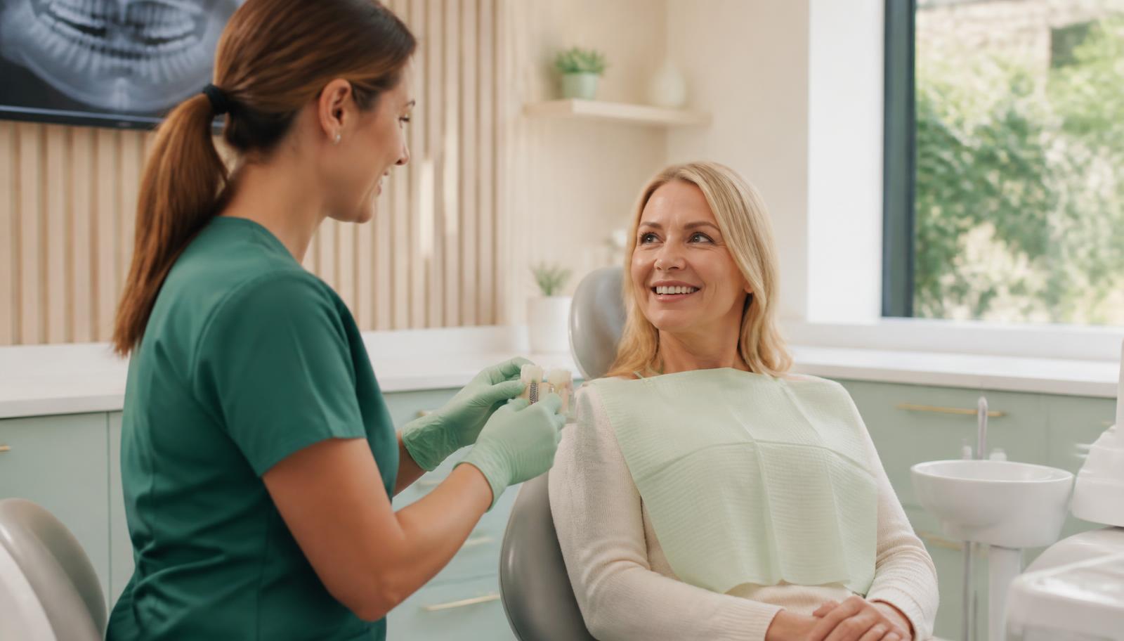 Dental hygienist reviewing implant maintenance with a patient at a dental clinic in Tirana, Albania