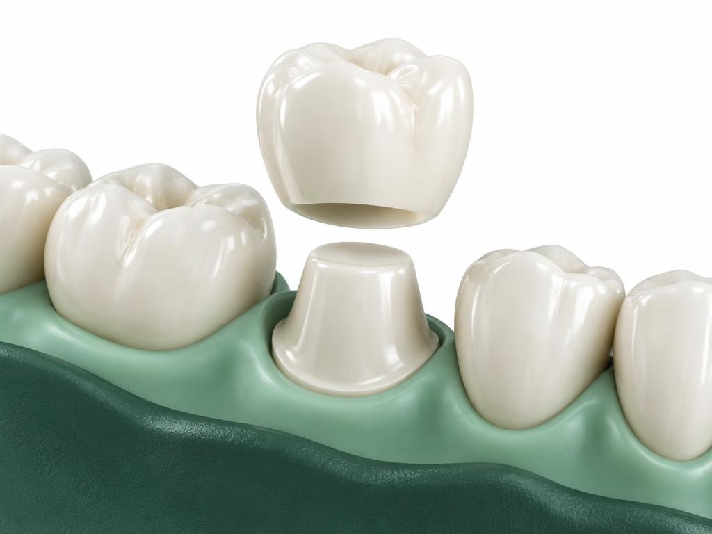 Illustration of a prepared tooth with a ceramic crown above it