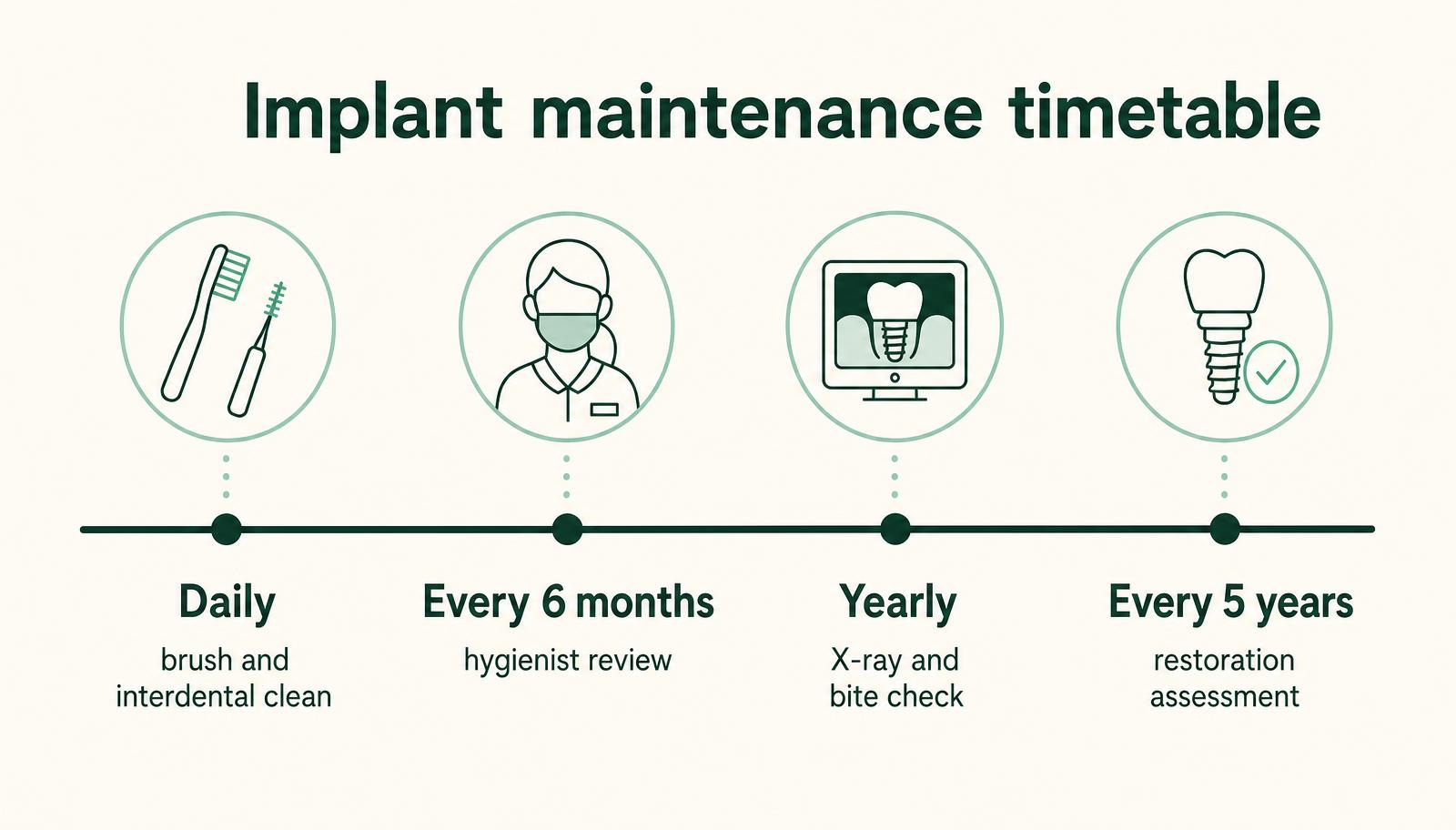 Infographic timeline of implant maintenance: daily cleaning, six-monthly hygienist review, yearly X-ray and bite check, five-yearly restoration assessment