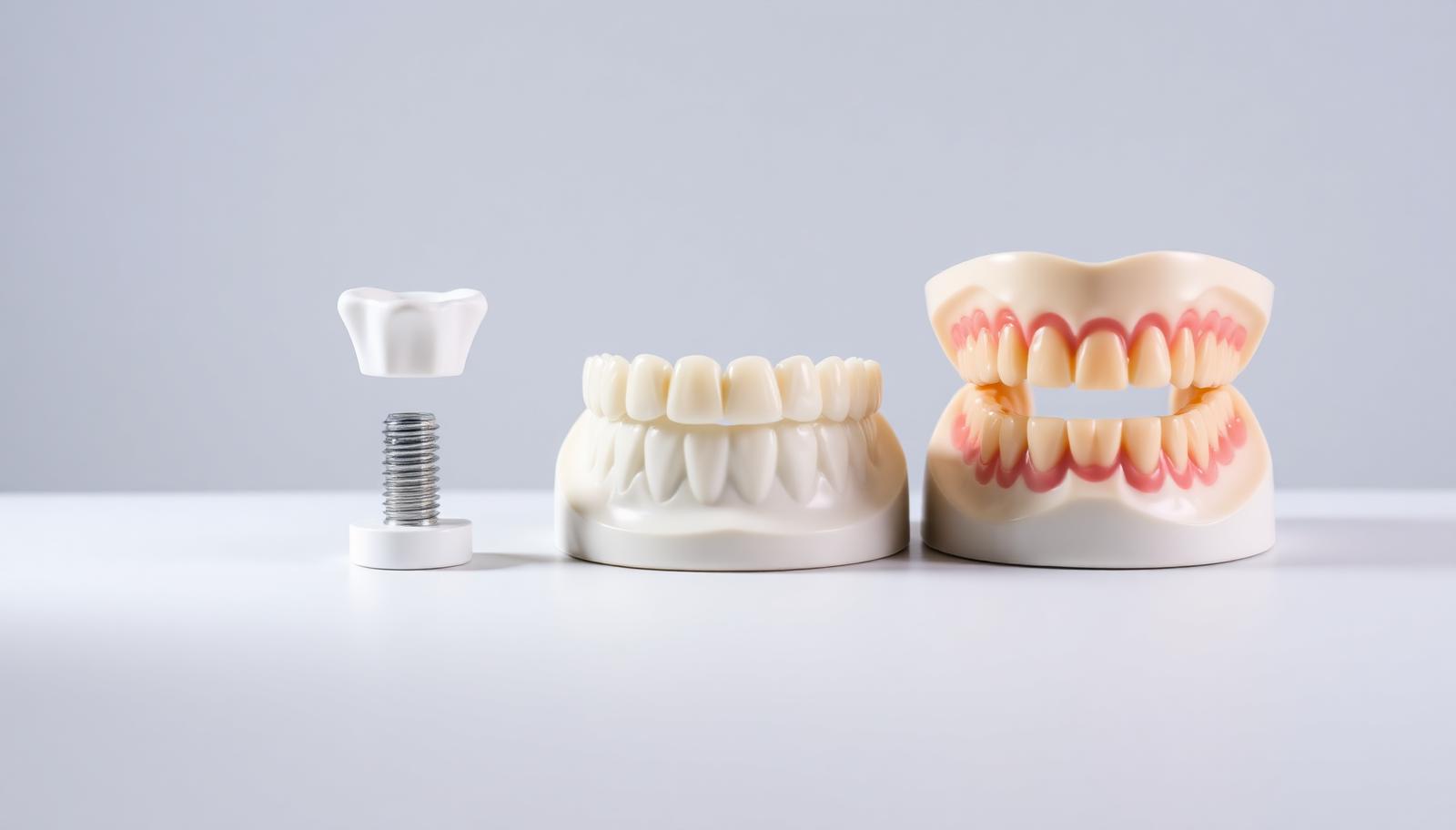 Dental models of a single implant crown, a three-unit bridge and a partial denture side by side