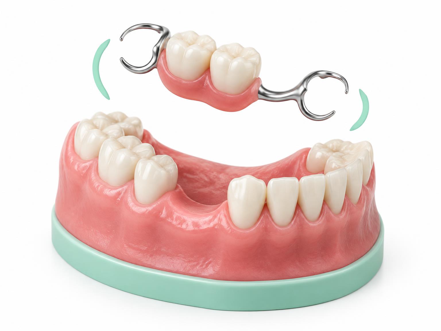 Illustration of a partial denture with metal clasps above a gap in the teeth