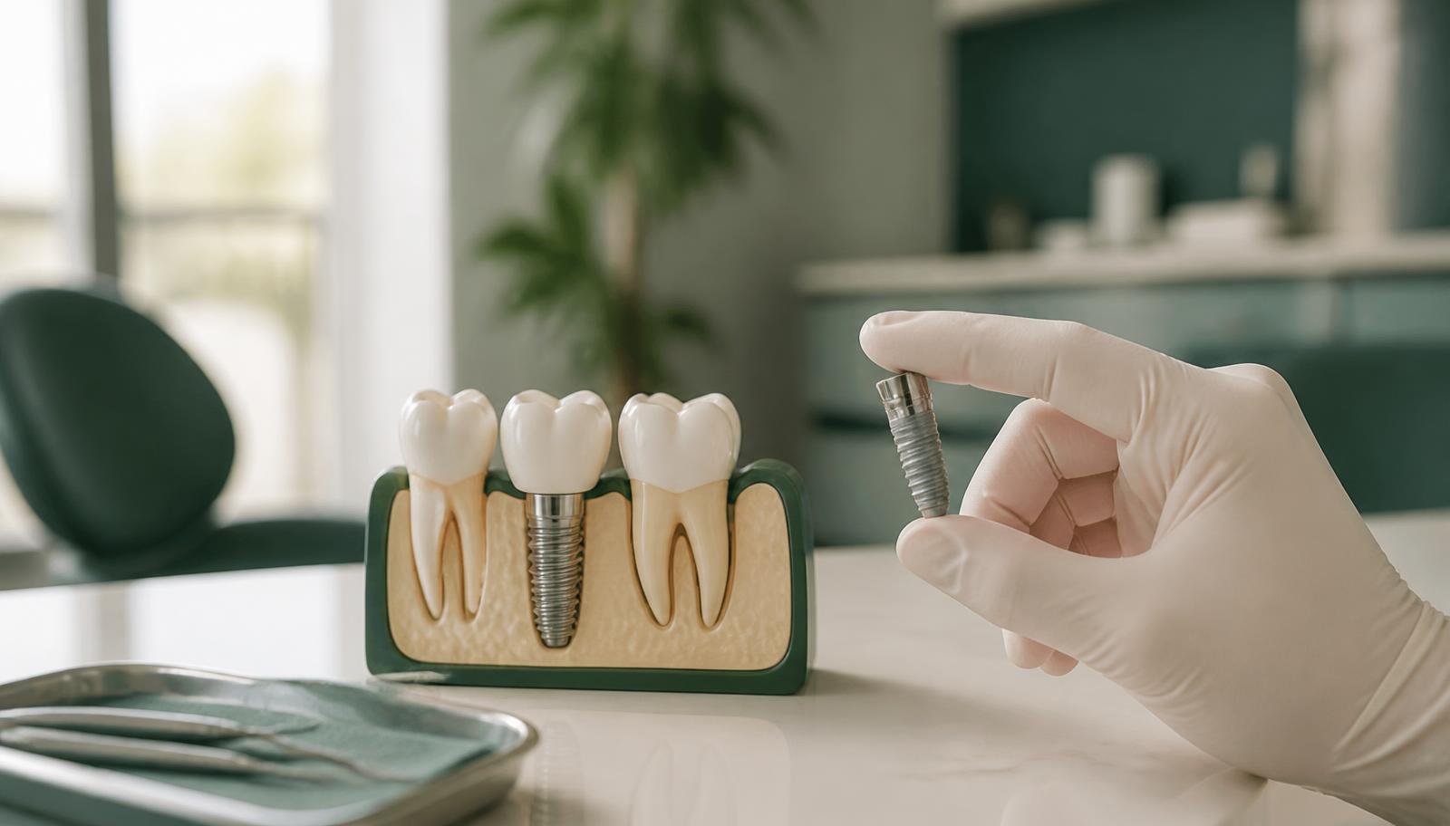Titanium dental implant fixture held beside a jaw model at a dental clinic in Tirana, Albania