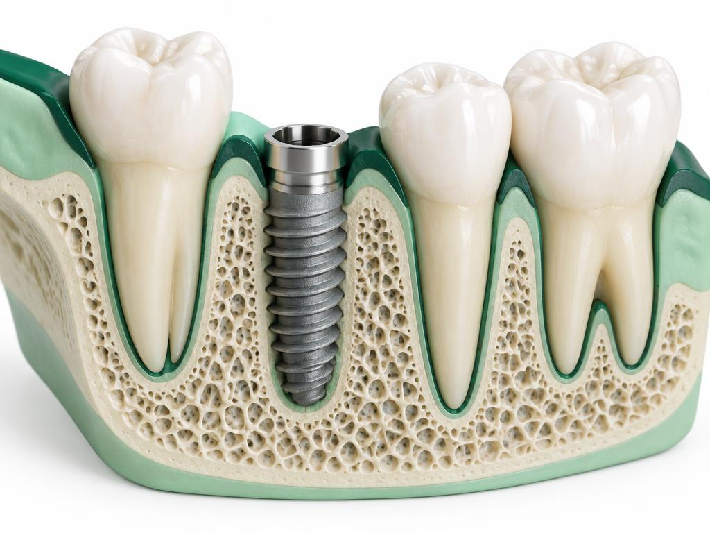 Illustration of a titanium implant screw placed in the jaw bone between natural teeth