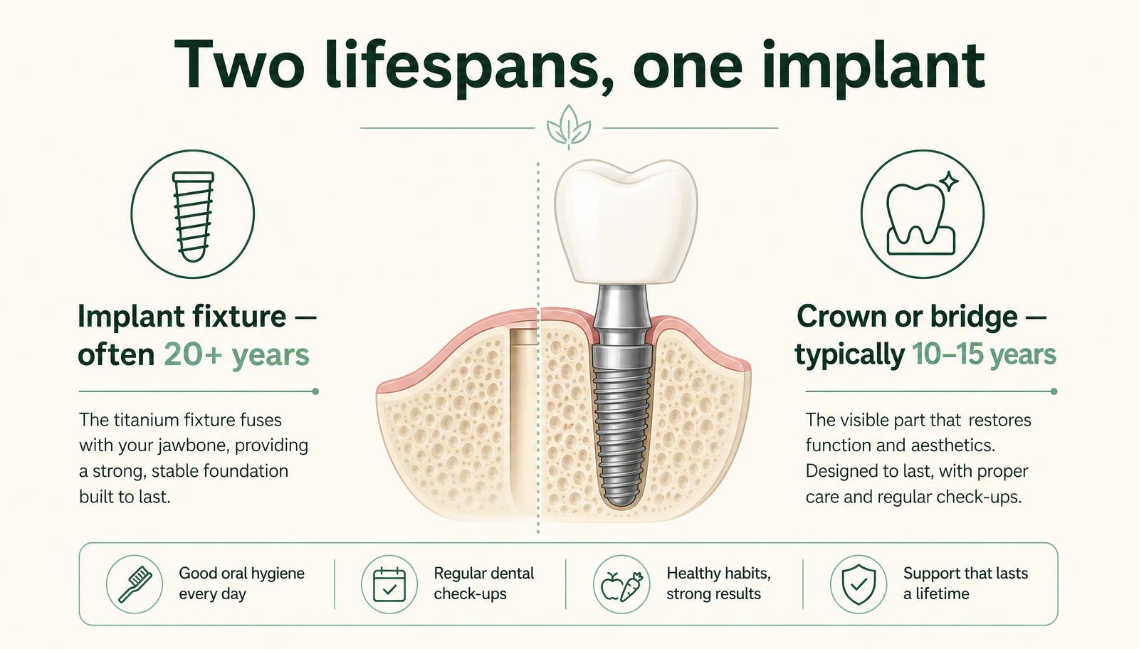 Infographic comparing the lifespan of a titanium implant fixture with the lifespan of the crown attached to it