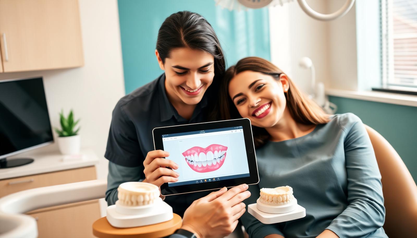 Dentist and patient reviewing a digital smile design preview on a tablet next to a wax-up model