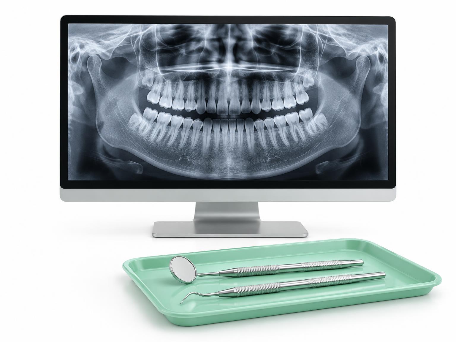 Illustration of a panoramic dental X-ray on a screen beside examination instruments