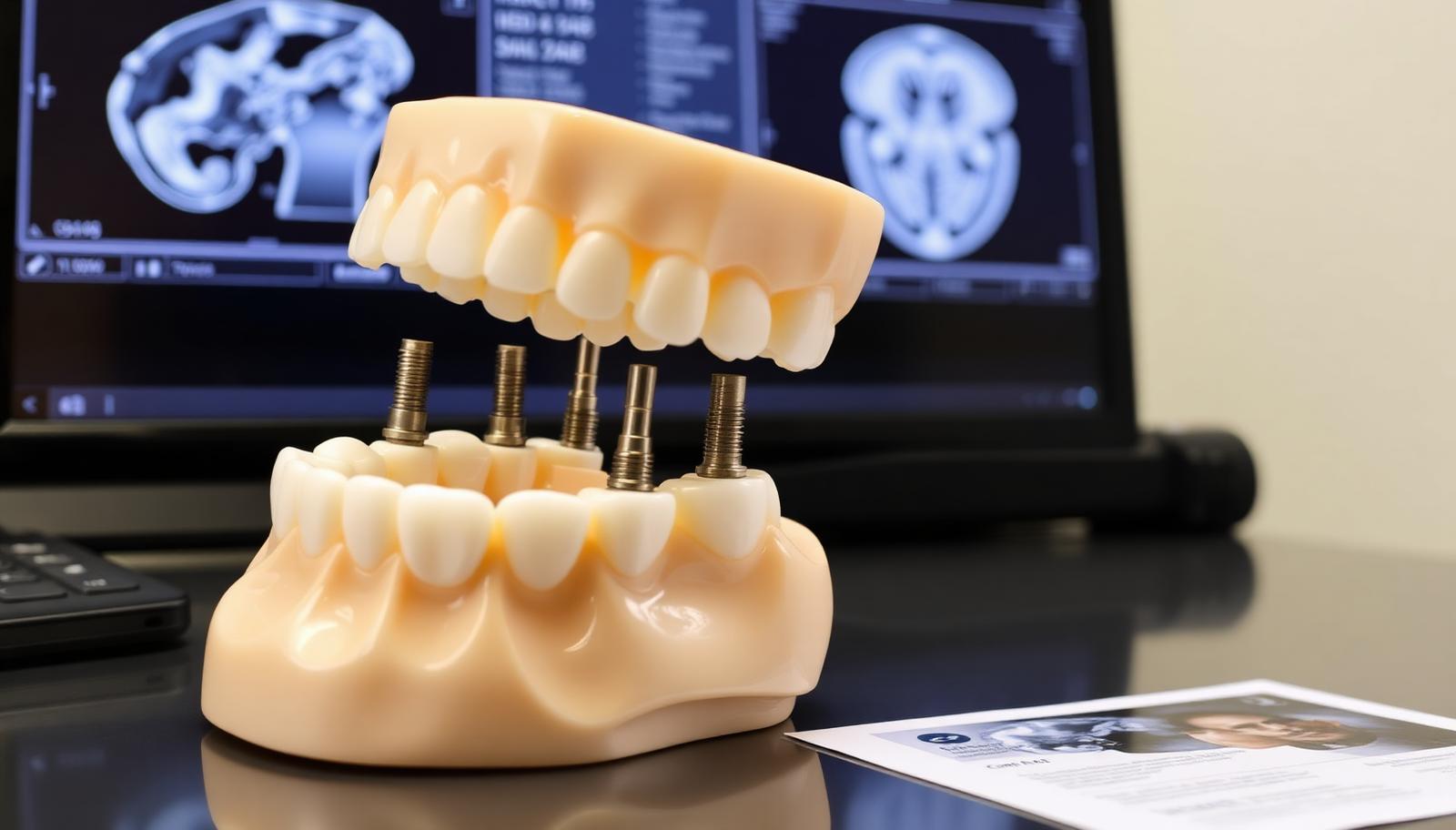 Jaw model showing six titanium implants supporting a full-arch prosthesis next to a CBCT scan