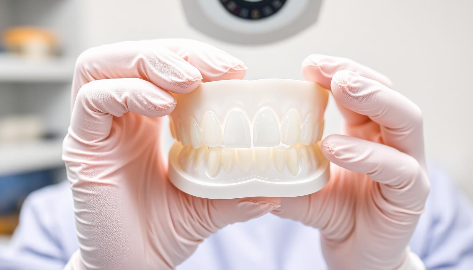 Dental technician holding a full-arch zirconia implant bridge in a dental laboratory