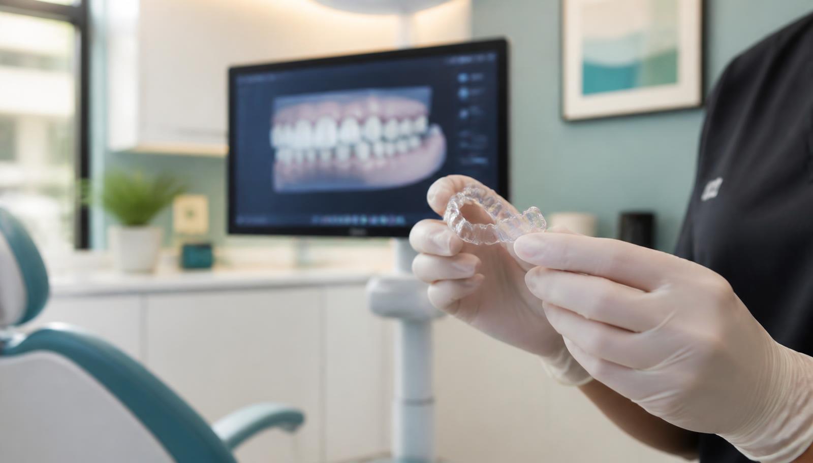 Clinician holding a clear orthodontic aligner beside a digital 3D dental scan at a clinic in Tirana, Albania