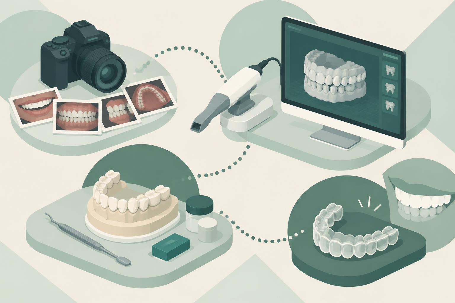 Flat illustration of the cosmetic planning sequence: clinical photographs, an intraoral scan and digital design, a laboratory wax up, and a trial smile try in