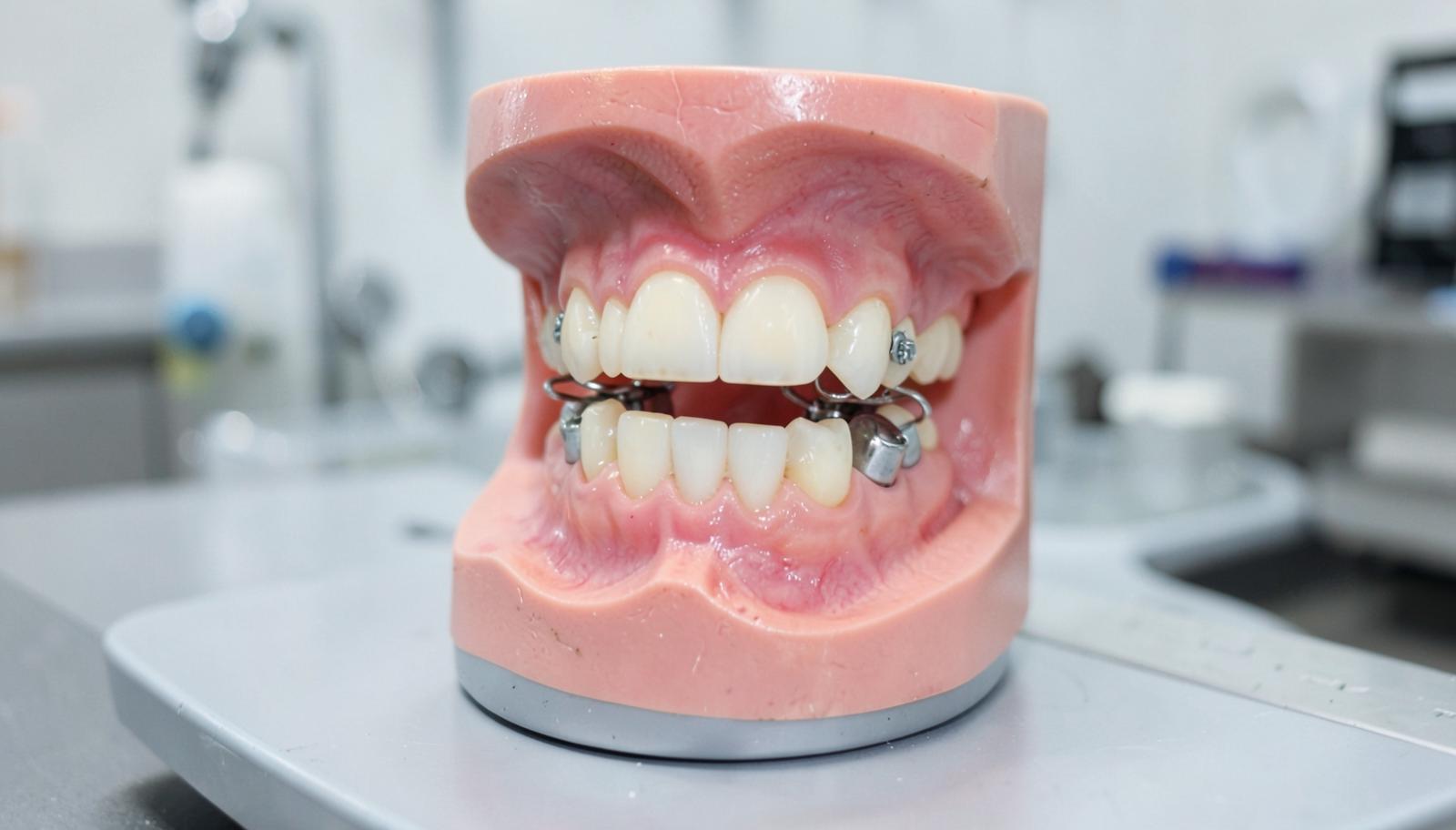 Denture with attachments on a laboratory model in a dental clinic