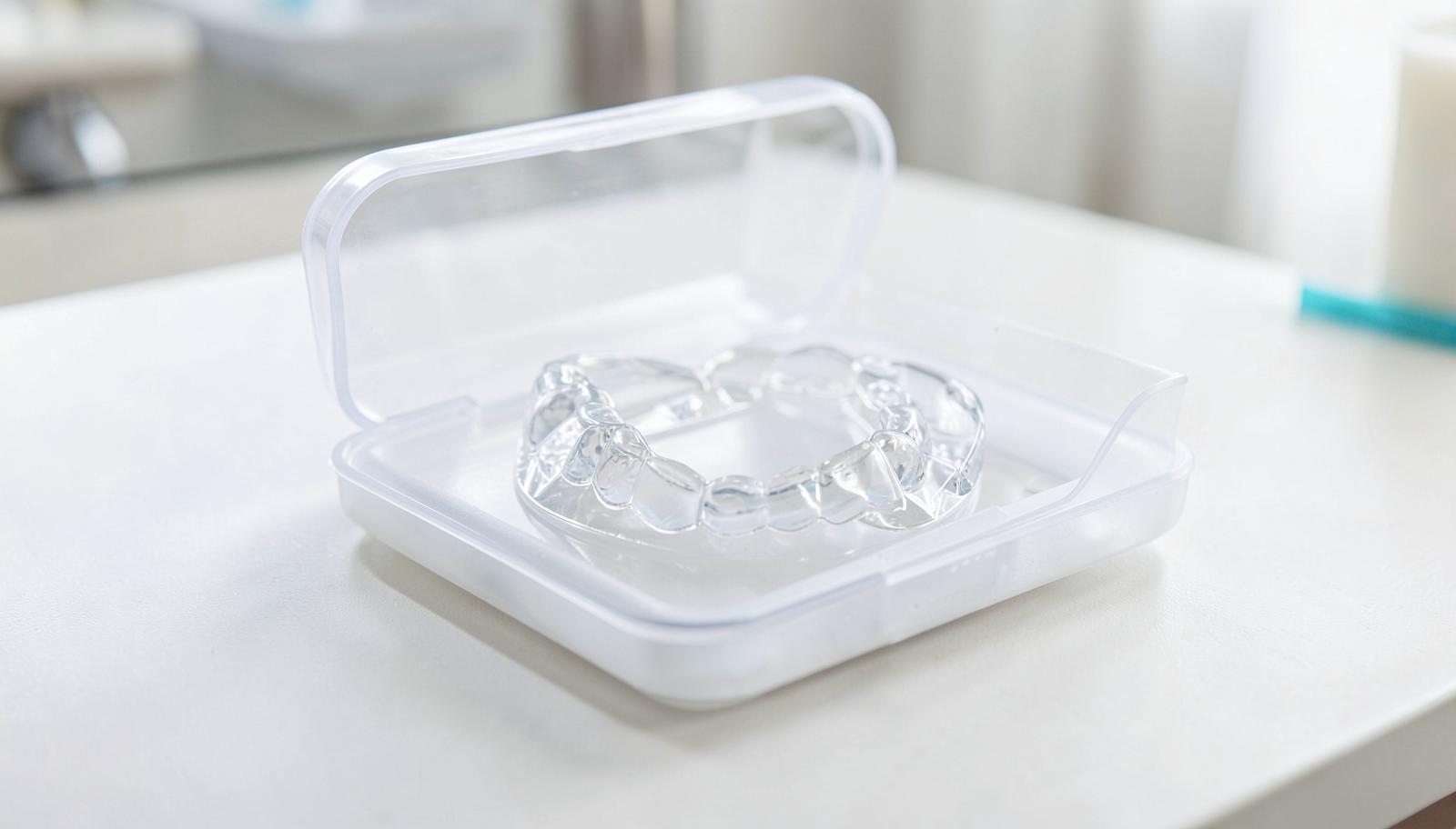 Clear orthodontic retainer in its case after treatment at a dental clinic in Tirana, Albania
