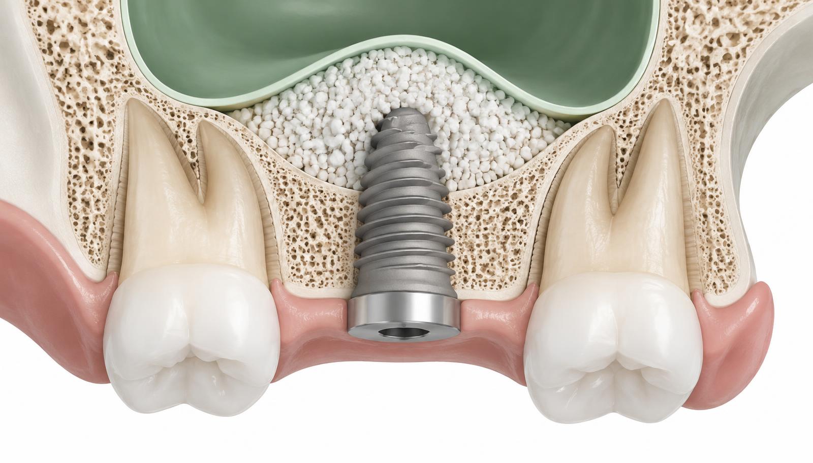 Sinus lift: graft granules under the lifted sinus membrane supporting an upper-jaw implant