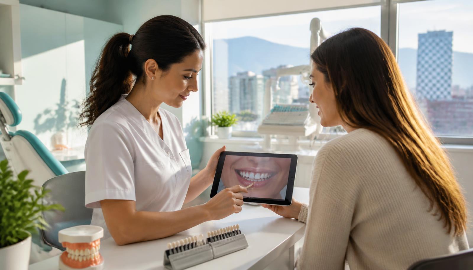 Ceramic veneer shade being matched during a smile consultation at a dental clinic in Tirana, Albania