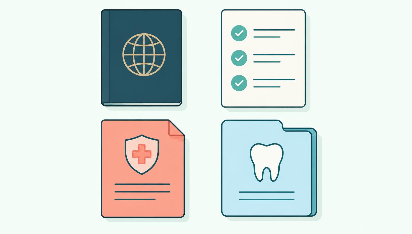 Illustrated passport, checklist, insurance document and dental treatment folder