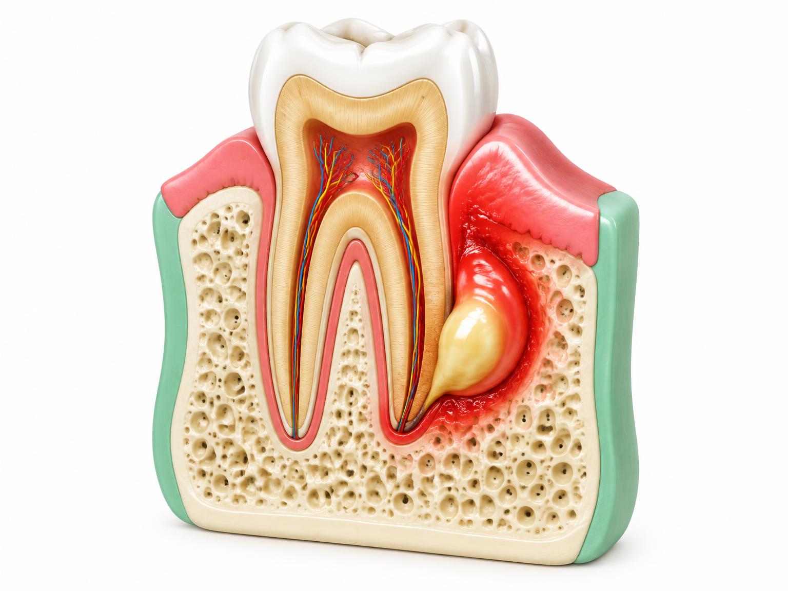 Cross-section illustration of a tooth with a swollen abscess beside the root