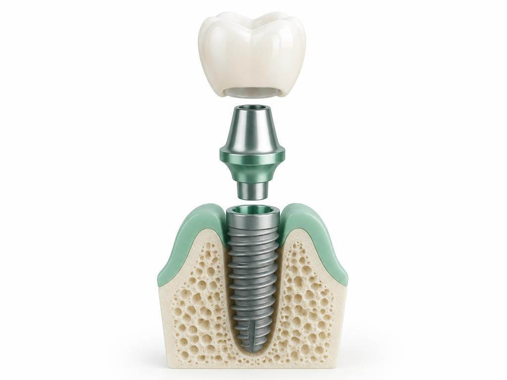 Exploded illustration of implant screw, abutment and crown