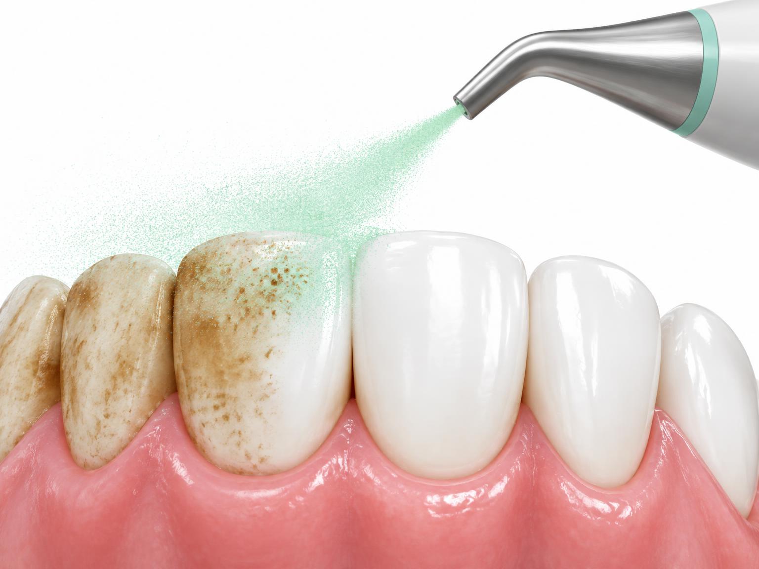 Illustration of an air-polishing spray removing brown stains from front teeth