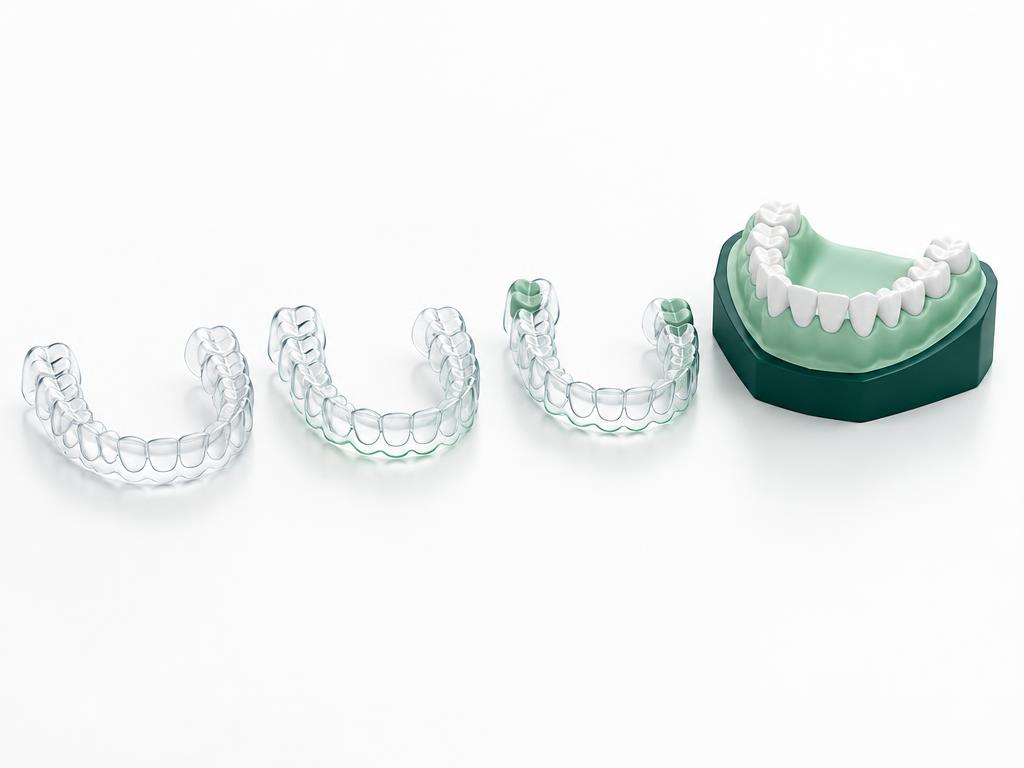 Illustration of three clear aligner trays beside a dental model