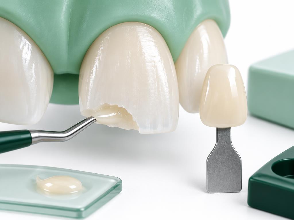 Illustration of tooth-coloured resin rebuilding a chipped front tooth beside a shade tab
