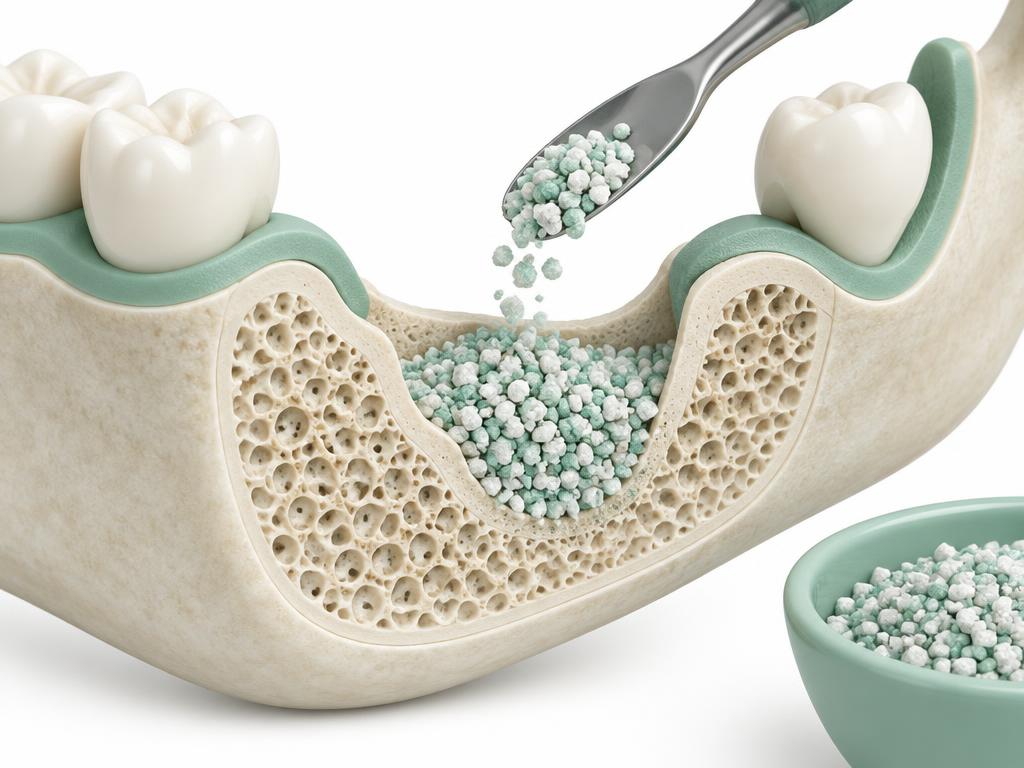 Illustration of bone graft granules filling a thin area of jaw bone