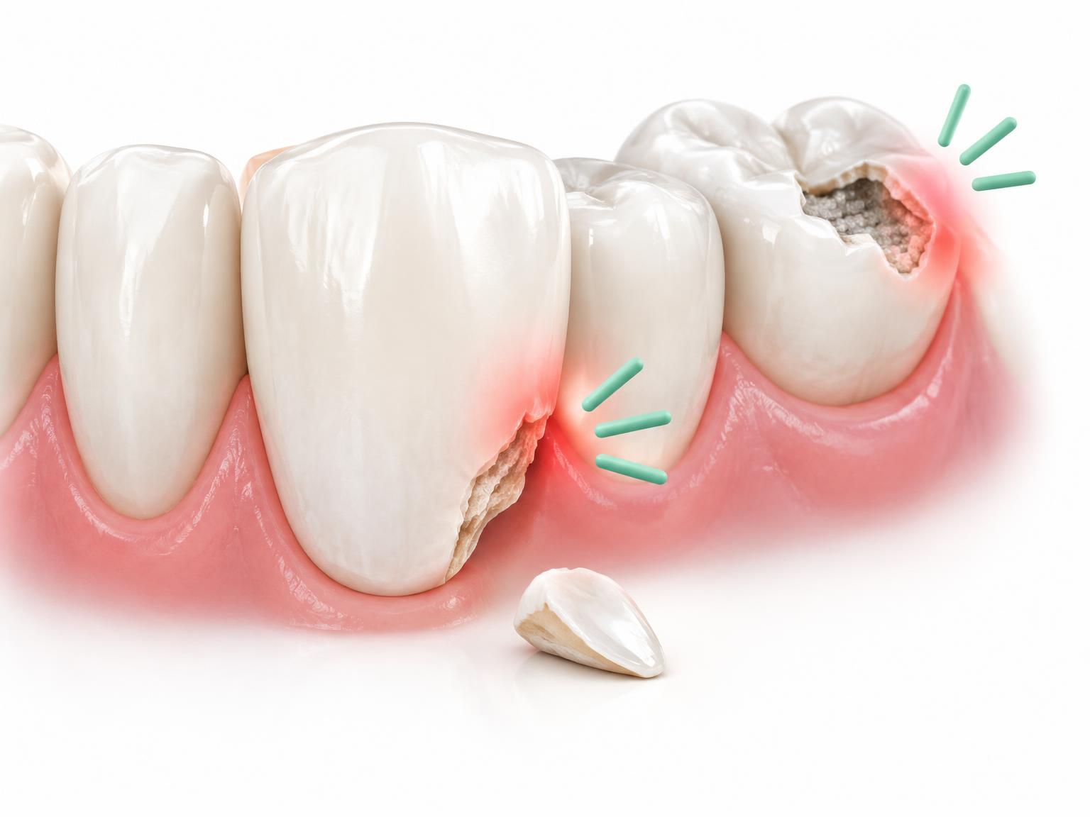 Illustration of a chipped front tooth and a molar with a lost filling