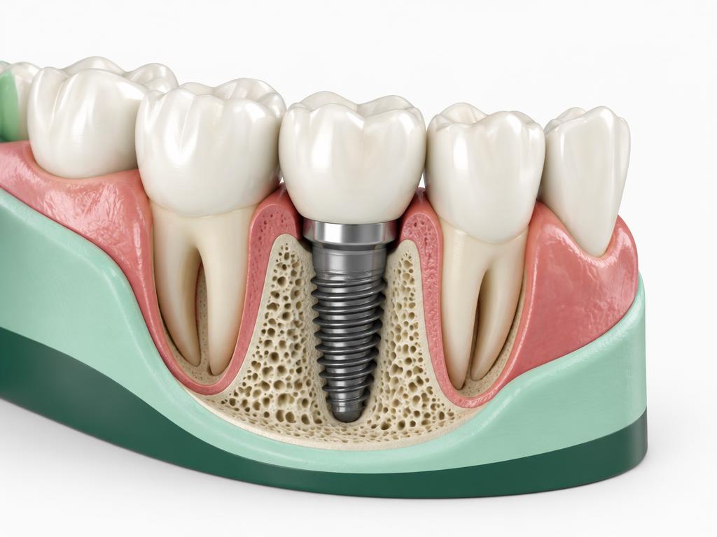 Illustration of a finished implant crown sitting naturally among the teeth