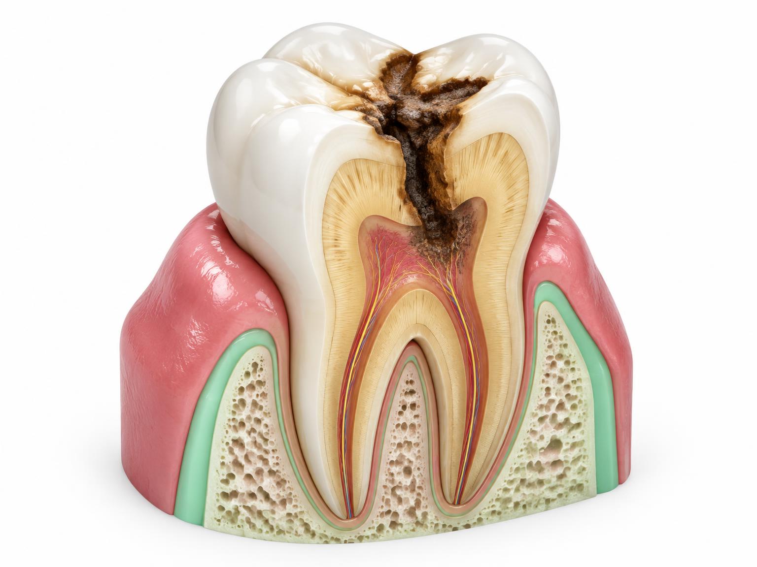 Ilustración en corte de un molar con caries que llega a la dentina