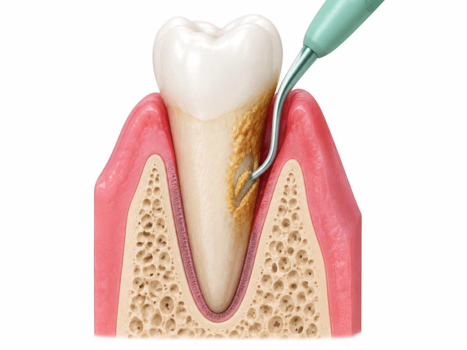 Cross-section illustration of an instrument cleaning tartar from a root inside a gum pocket