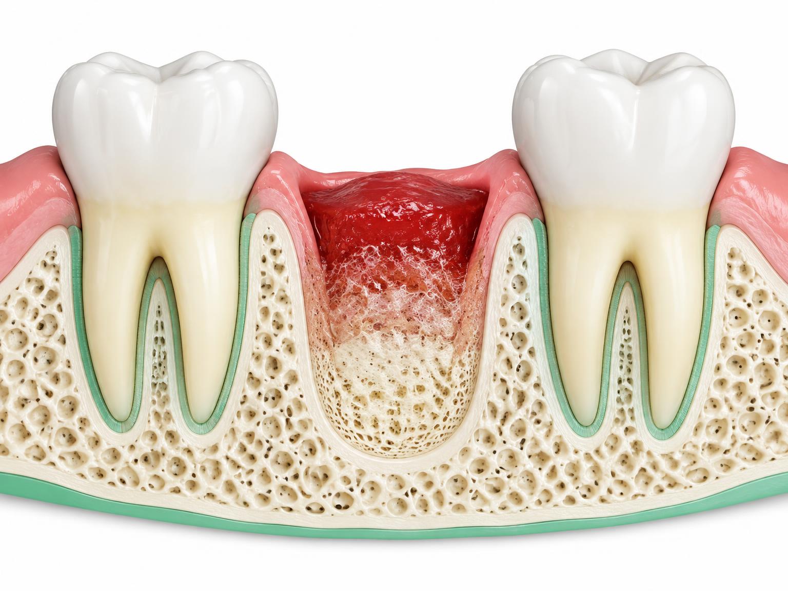 Cross-section illustration of a healing tooth socket between two teeth