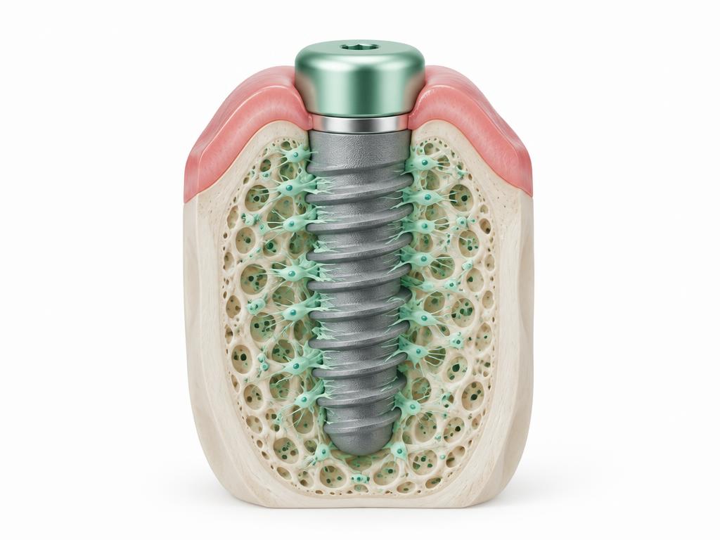 Illustration of bone growing around the implant threads during healing