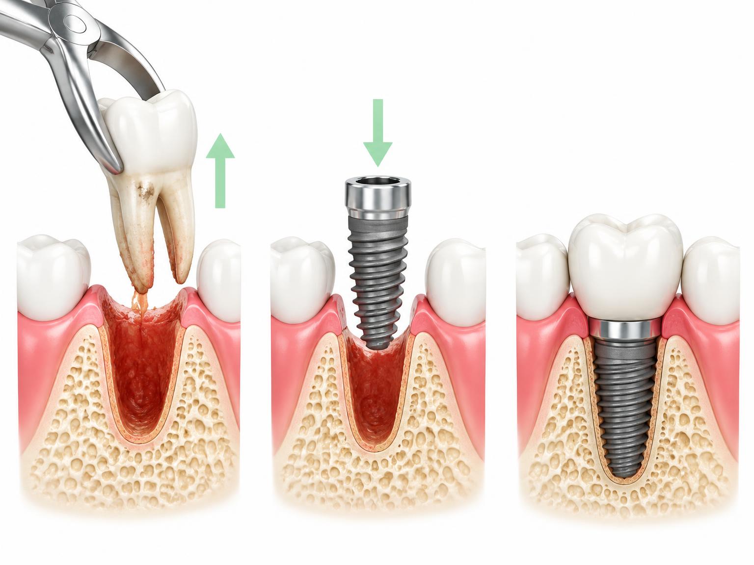 Three-step illustration of a tooth removed and an implant placed in the same socket
