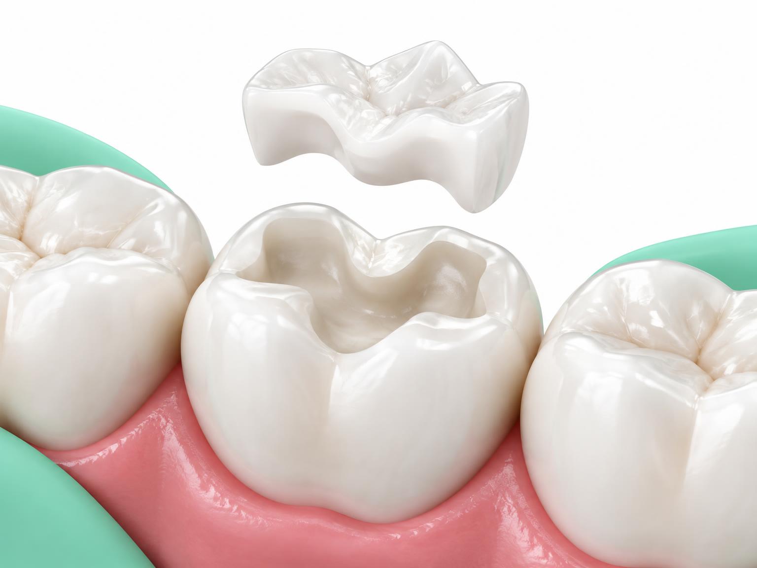 Illustration of a ceramic inlay above the prepared cavity it fits into