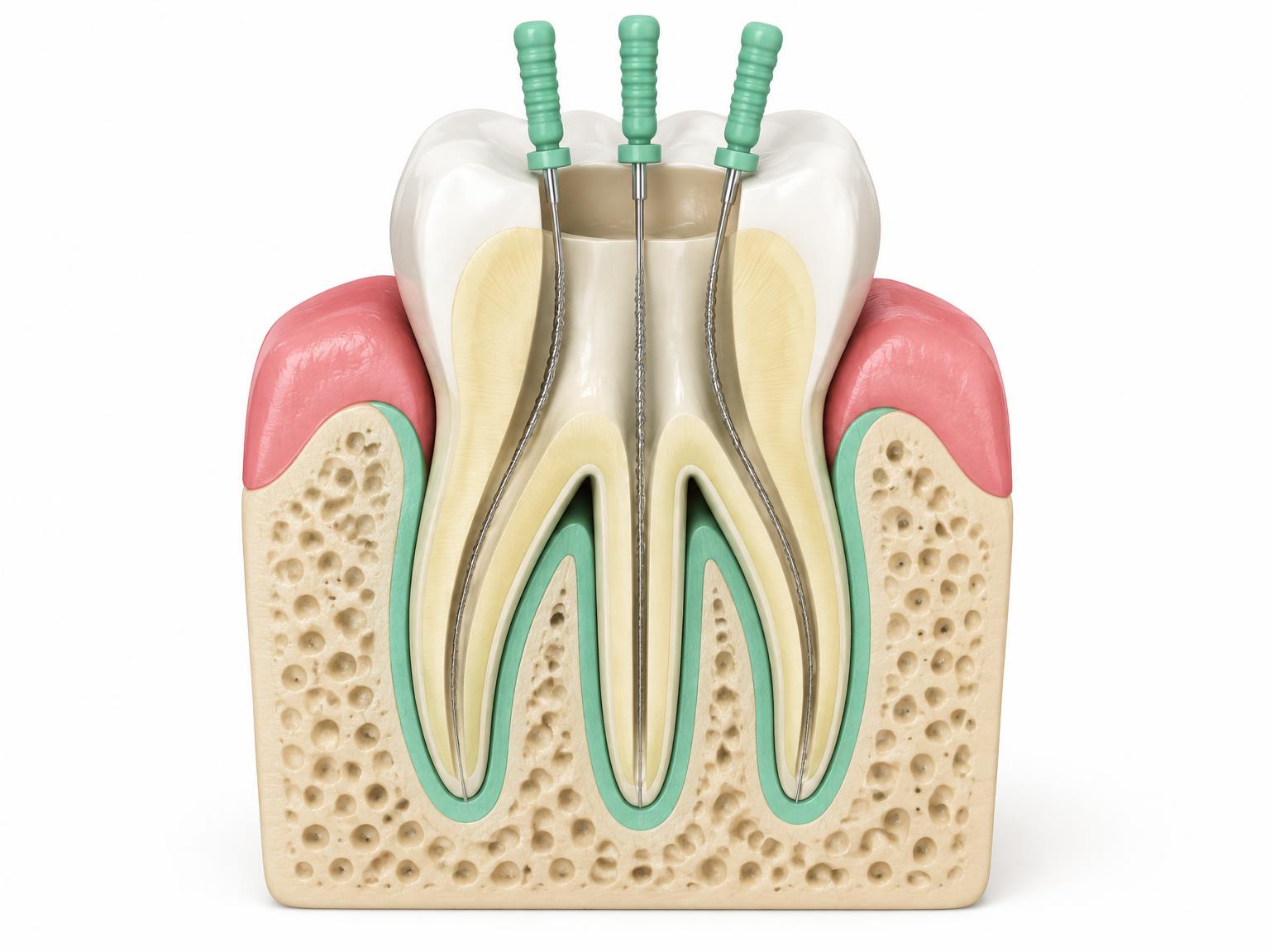 Cross-section illustration of fine files cleaning the root canals of a molar
