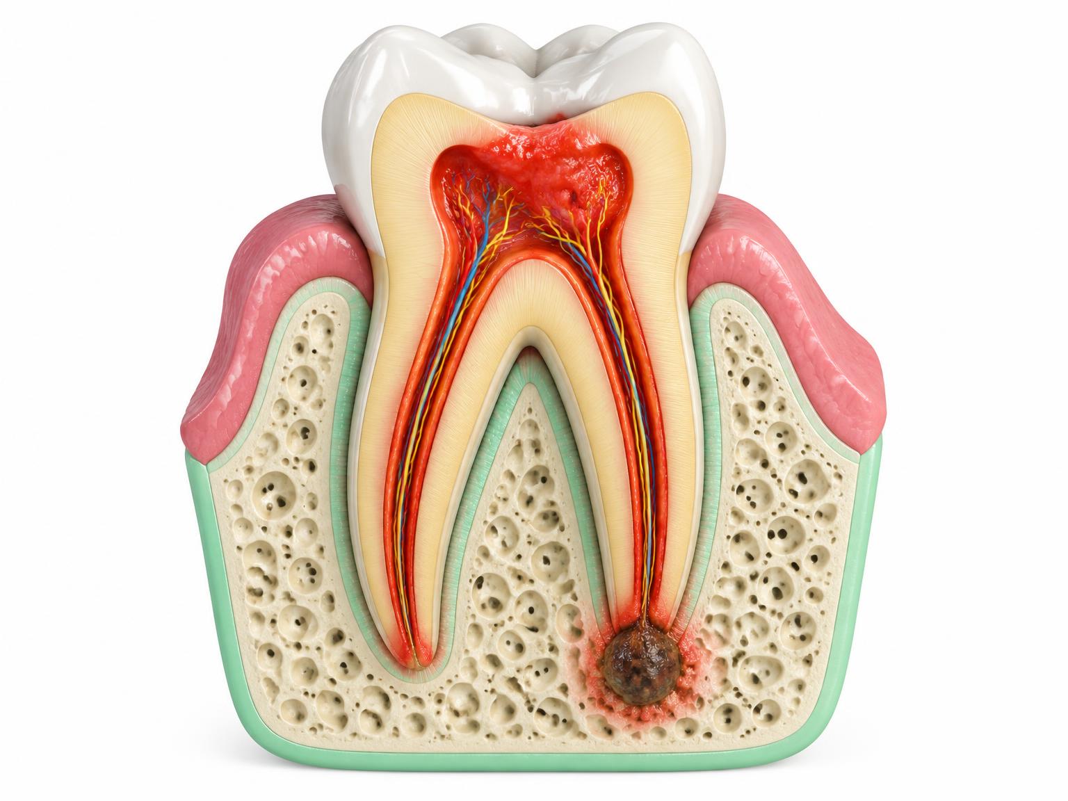 Cross-section illustration of a molar with inflamed pulp and infection at the root tip