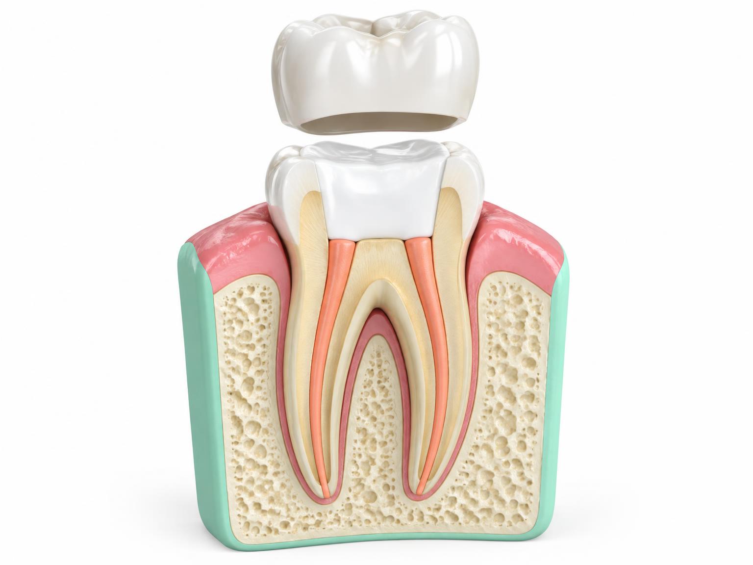 Cross-section illustration of filled root canals with a crown above the tooth