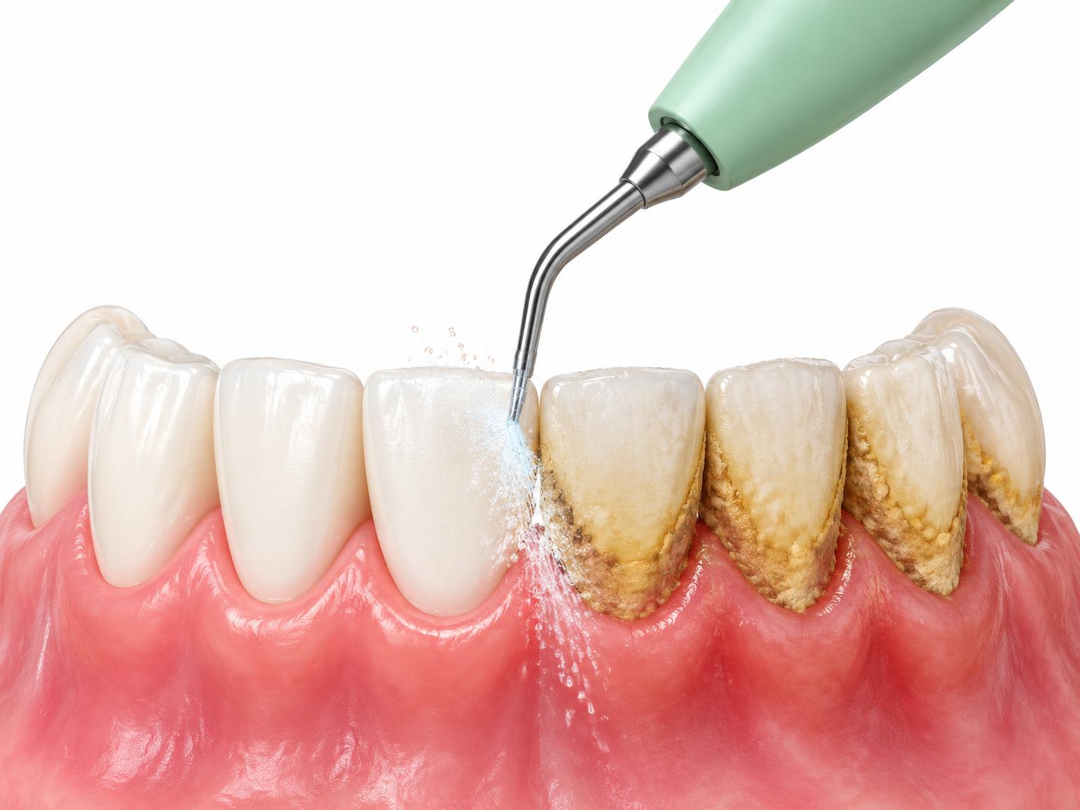 Illustration of an ultrasonic scaler tip removing tartar from teeth
