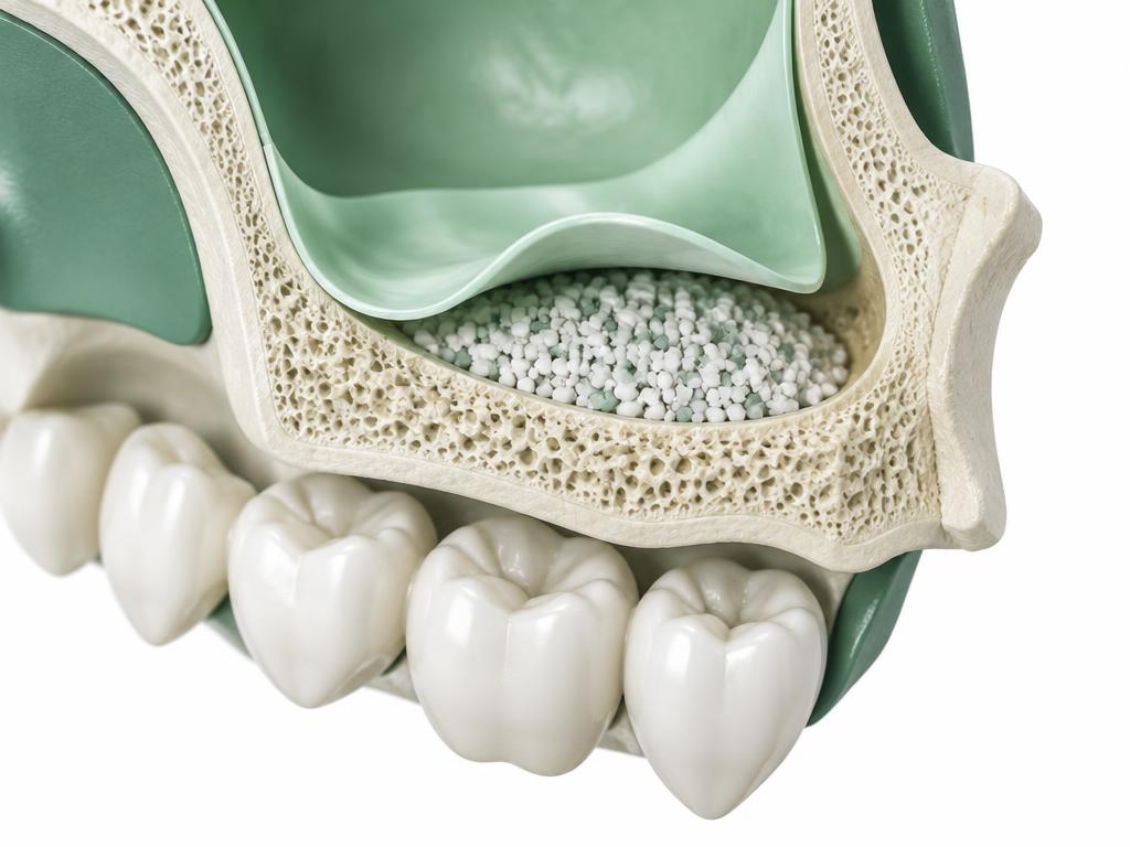 Illustration of the sinus membrane lifted with graft material beneath it