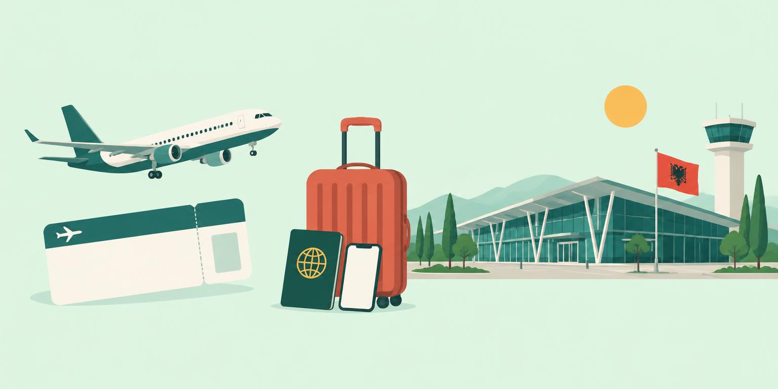People-free illustration of a plane and boarding pass, suitcase with passport and phone, and an airport terminal in Albania.