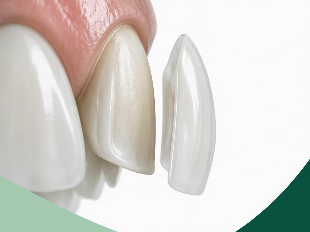 Illustration of a thin ceramic veneer being placed on a front tooth