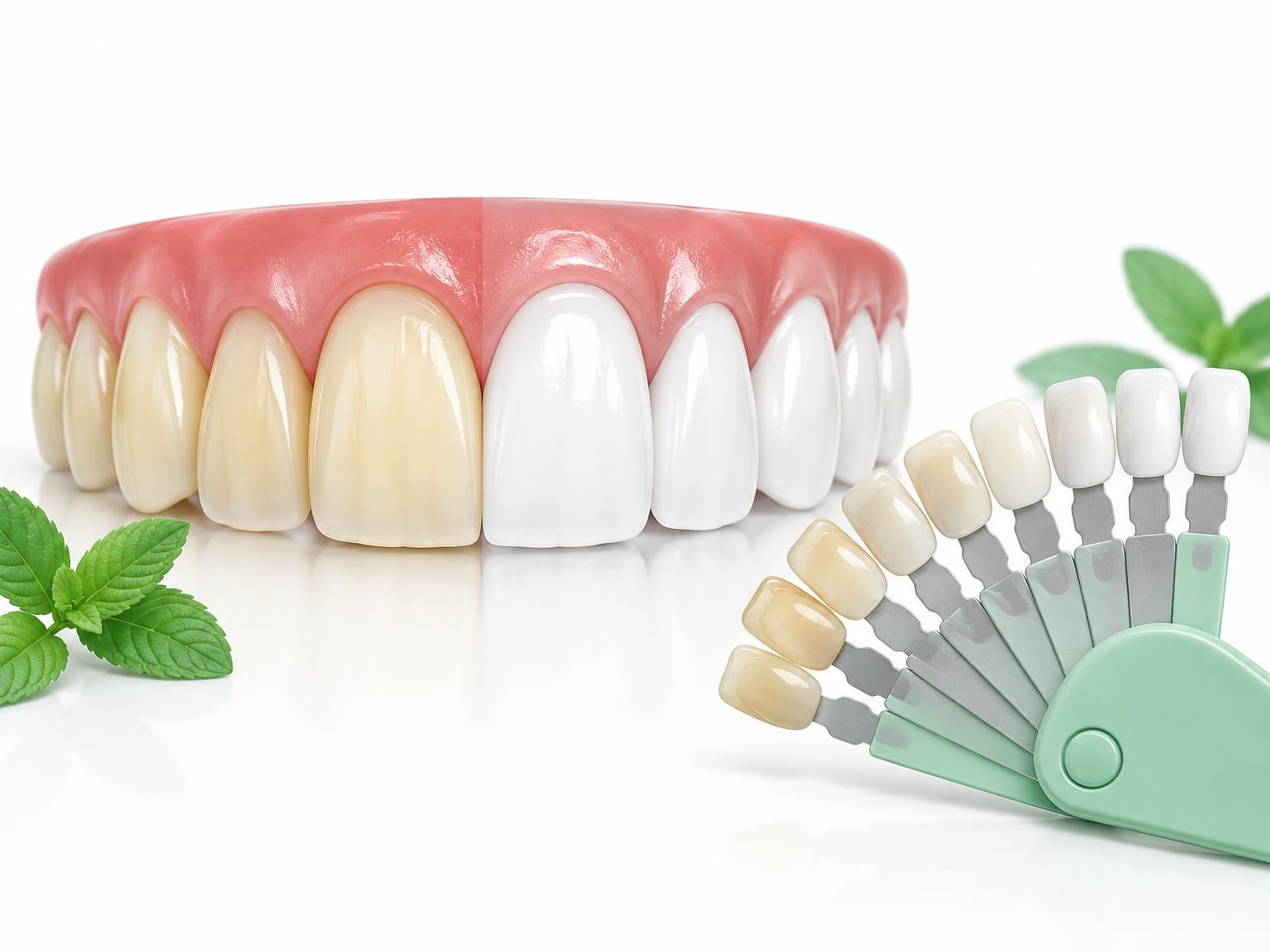 Illustration of teeth half before and half after whitening beside a shade guide